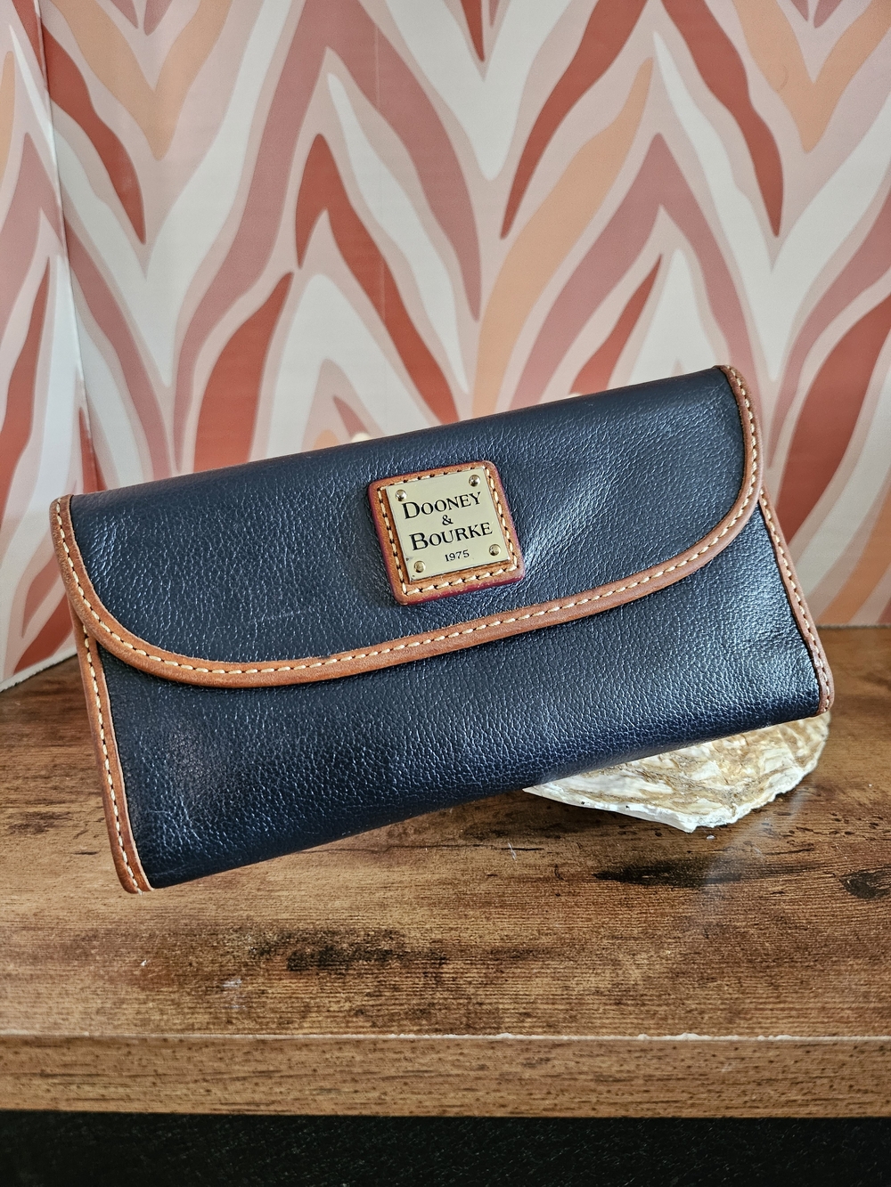 Dooney & Bourke Blue Leather Continental Wallet with Brown Trim
